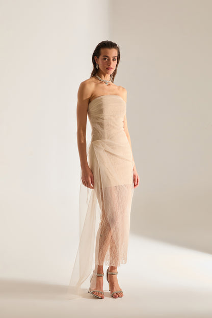 Venus Draped Tulle Lace Ecru Dress