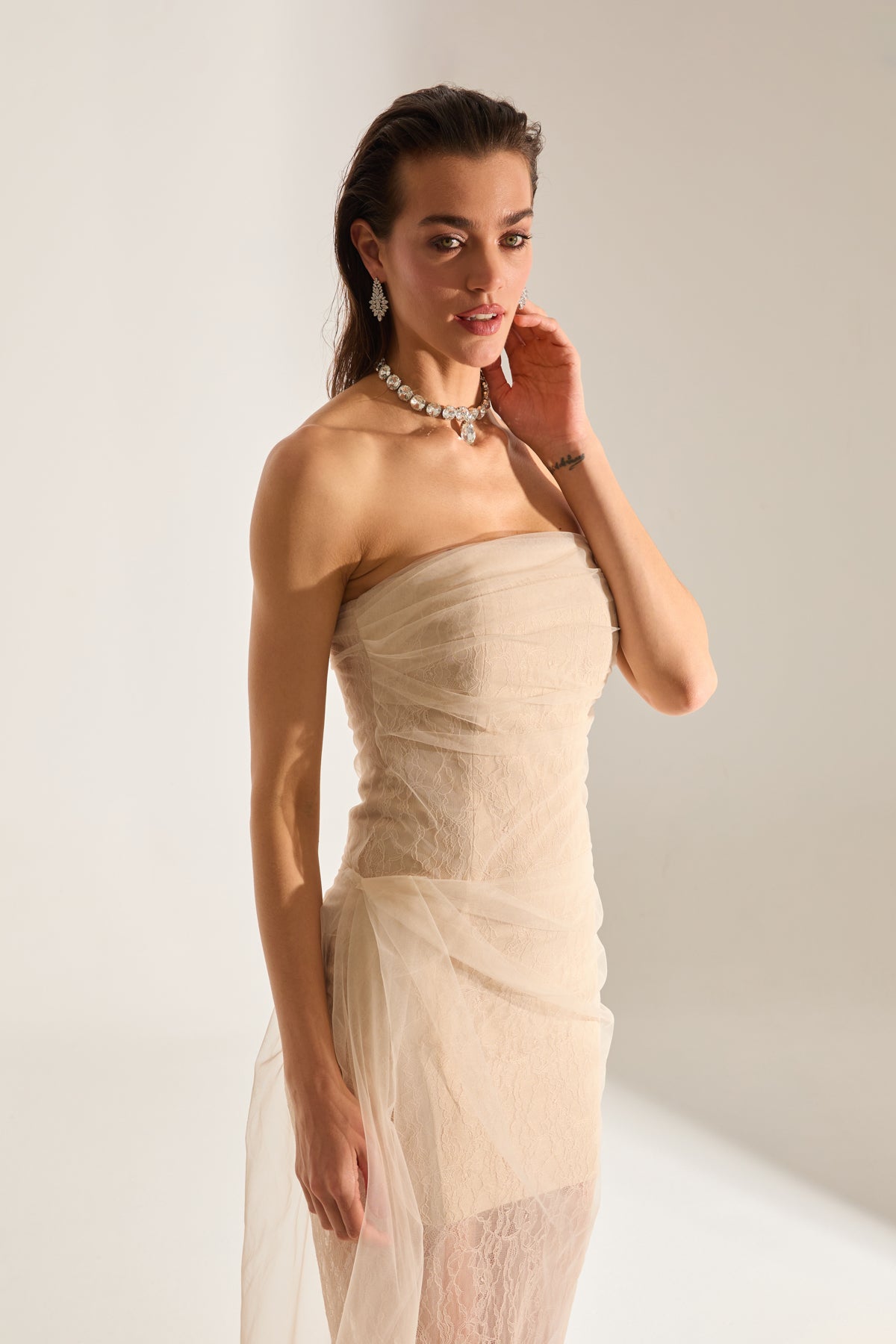 Venus Draped Tulle Lace Ecru Dress