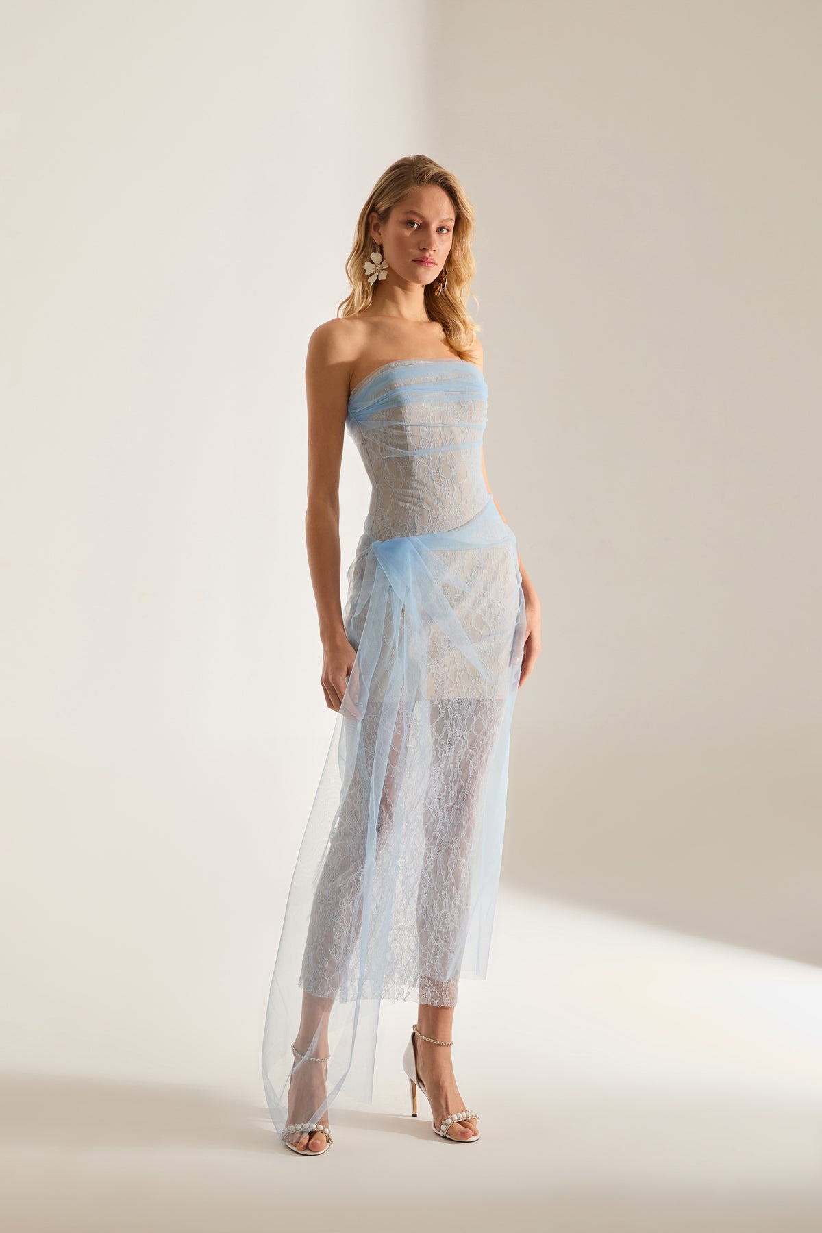 Venus Drapierte Tüll Spitze Hellblaue Kleid