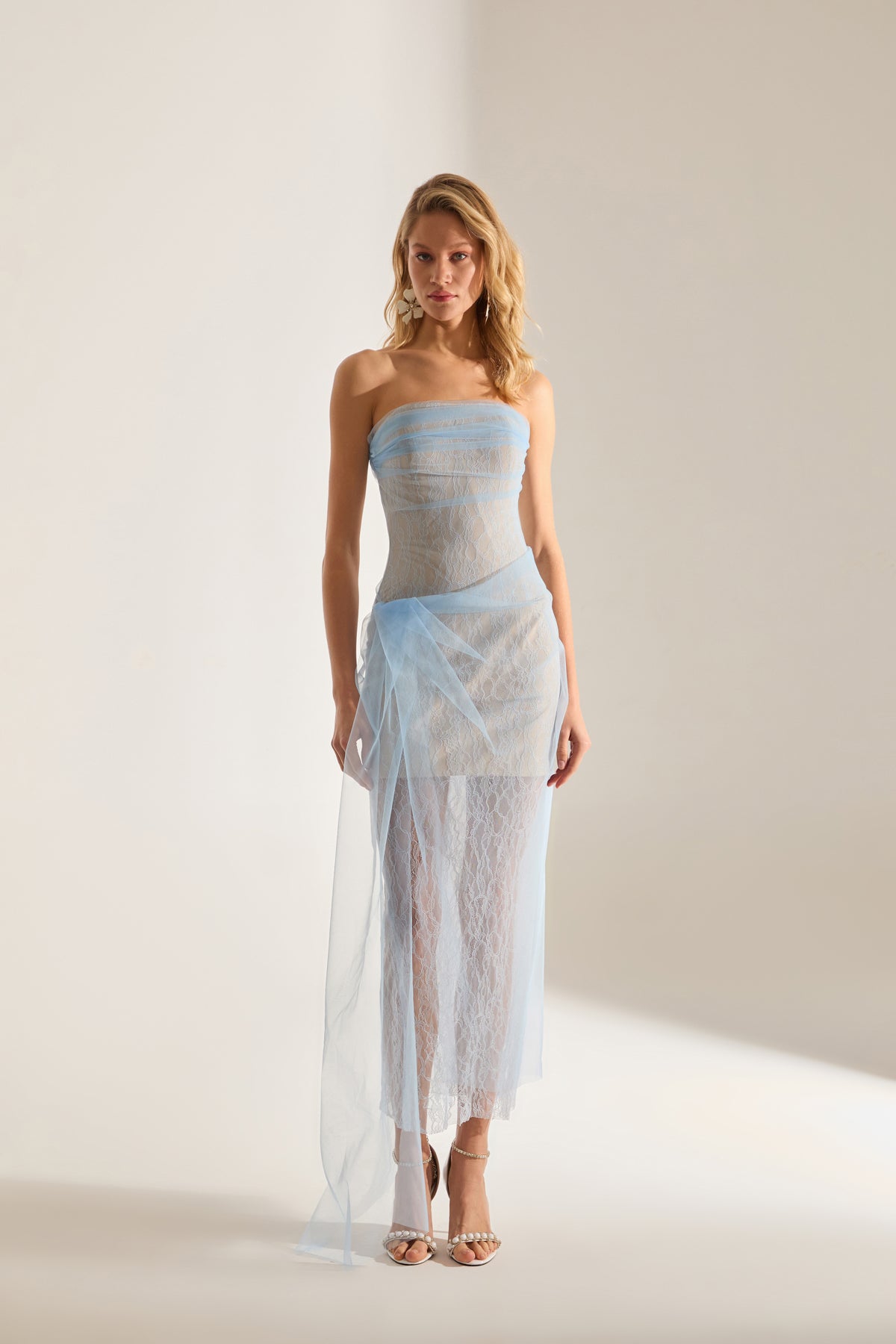 Venus Drapierte Tüll Spitze Hellblaue Kleid