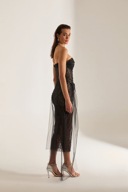 Venüs Drapierte Tüll Spitze Schwarzes Kleid
