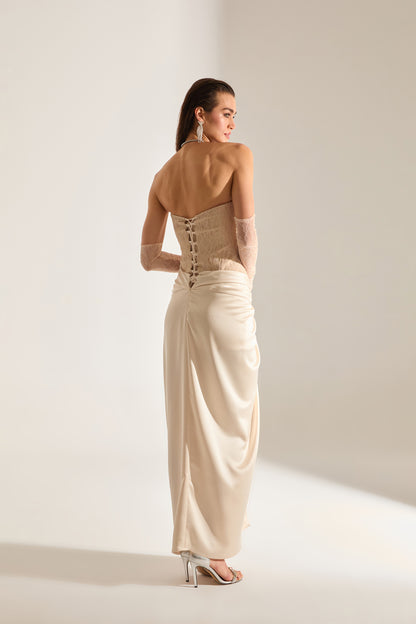 Robe de soirée sans bretelles en satin écru Melissa Dantel