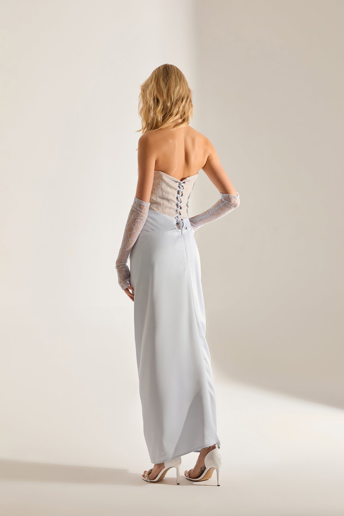 Melissa Dantel Satin Strapless Hellblau Abendkleid