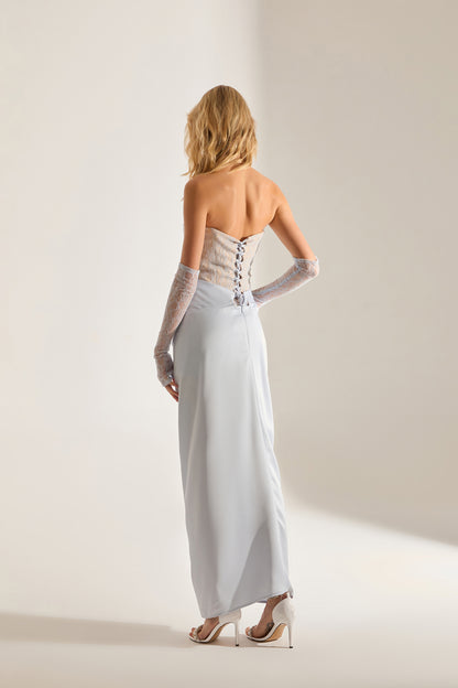Melissa Dantel Satin Strapless Hellblau Abendkleid