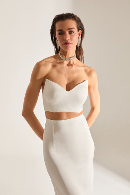 Mabel Cut Out Dekolleté Bleistift Satin Weiß Abendkleid