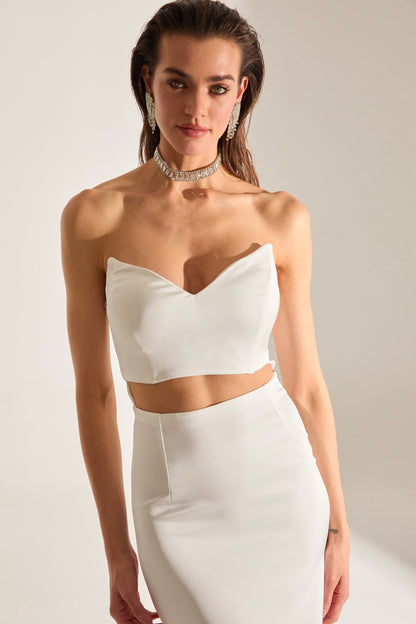 Mabel Cut Out Dekolleté Bleistift Satin Weiß Abendkleid