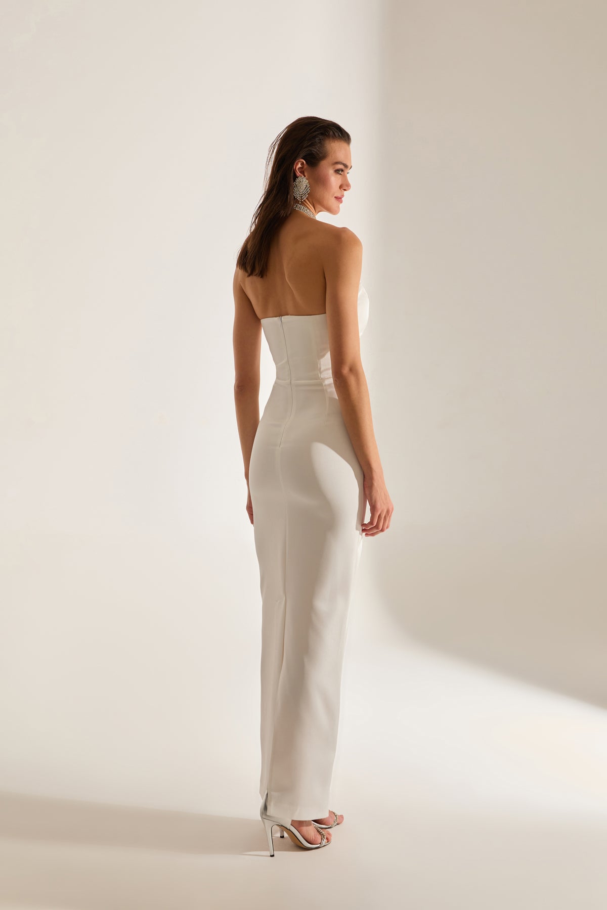 Mabel Cut Out Dekolleté Bleistift Satin Weiß Abendkleid