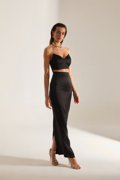 Mabel Cut Out Dekolleté Bleistift Satin Schwarz Abendkleid