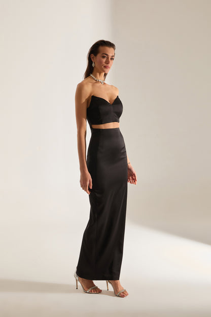 Mabel Cut Out Dekolleté Bleistift Satin Schwarz Abendkleid