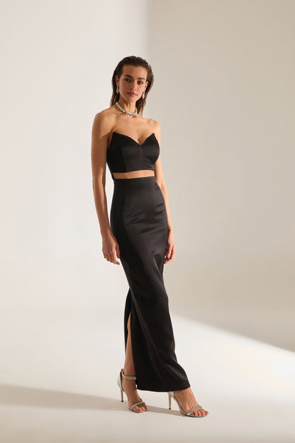 Mabel Cut Out Dekolleté Bleistift Satin Schwarz Abendkleid