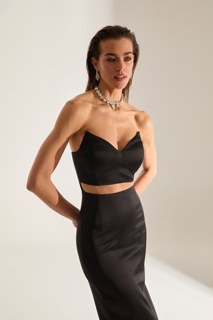 Mabel Cut Out Dekolleté Bleistift Satin Schwarz Abendkleid
