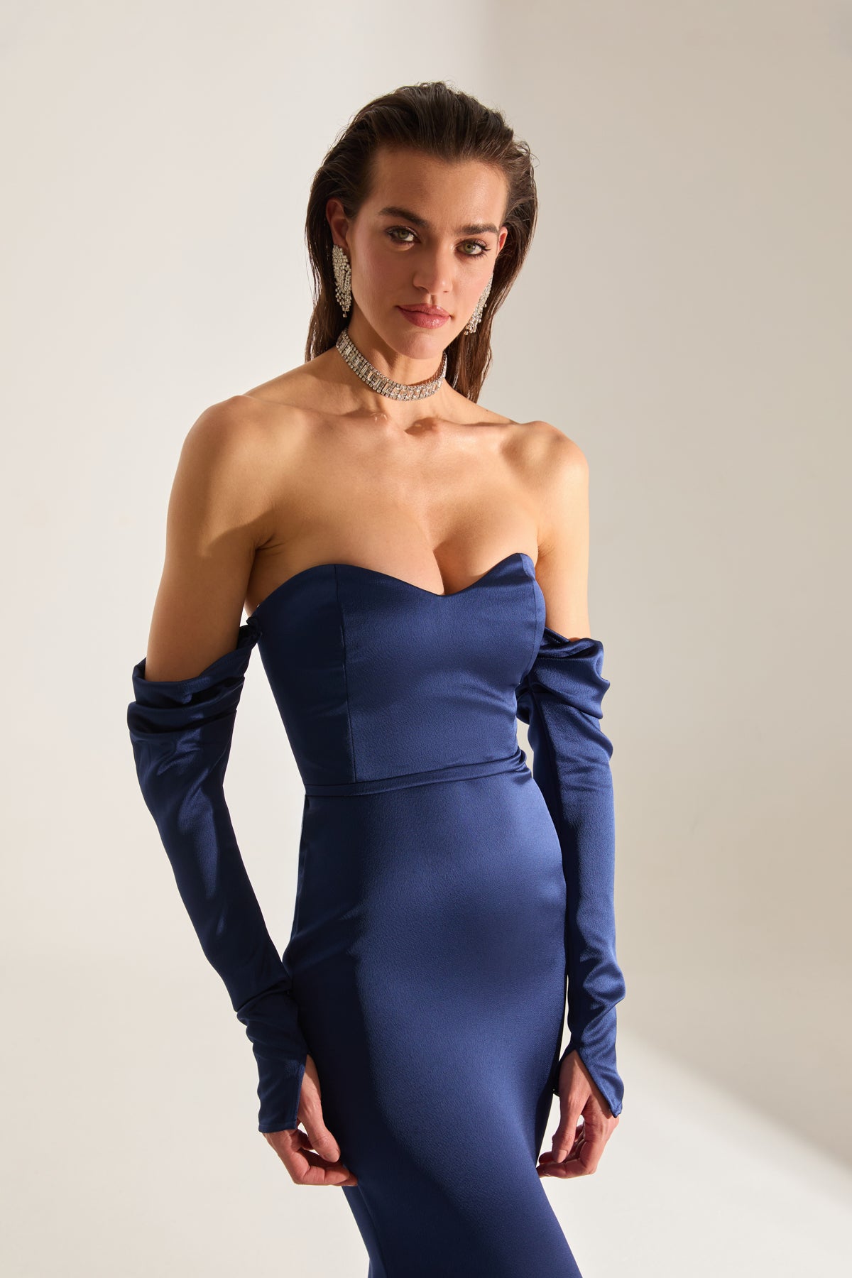 Rineta Satin Fish Tail Strapless Evening Dress Dark Blue