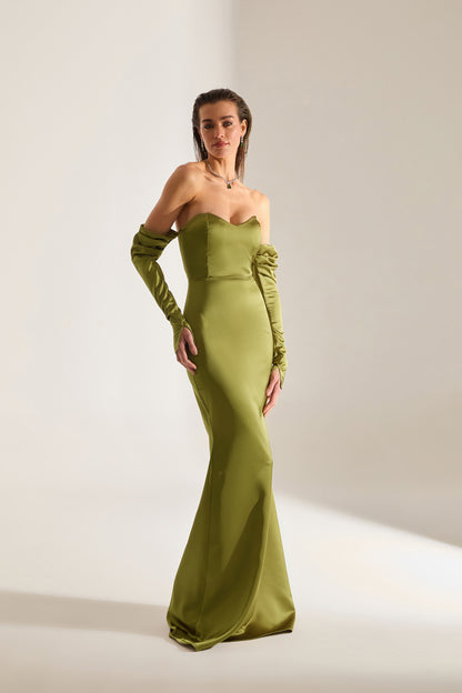 Rineta Satin Fischschwanz Strapless Abendkleid Khaki