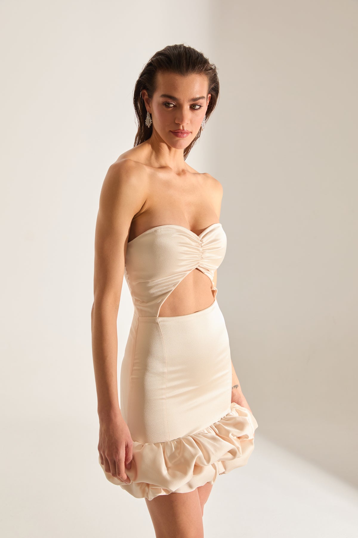 Farah Cut Out Strapless EKRU Mini Night Dress