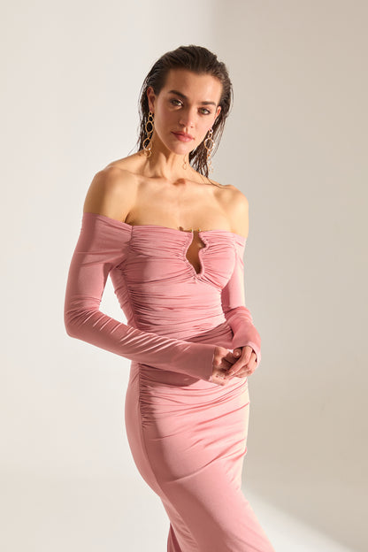 Mathilda Low Shoulder DRY ROSE Midi Dress