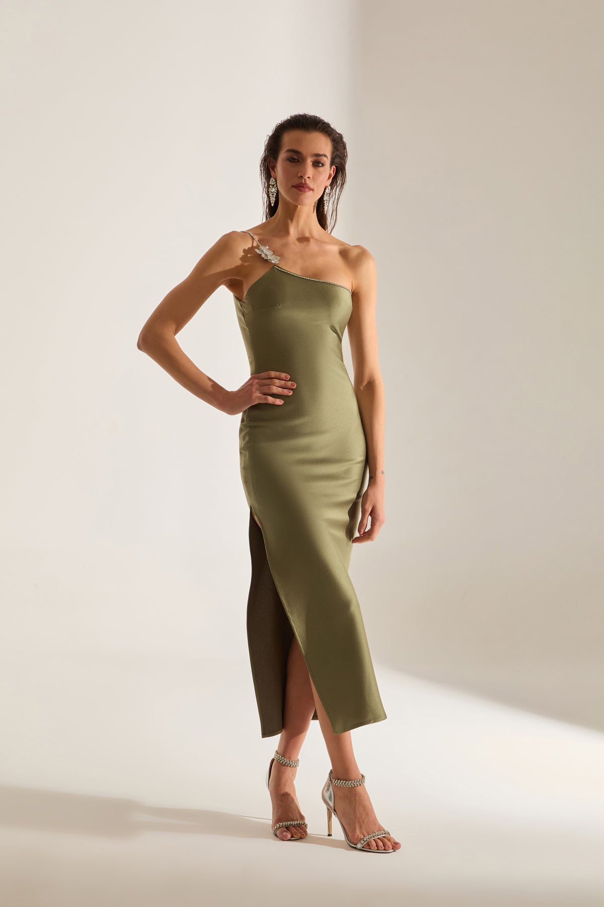 Isabella One Shoulder Stone Detail Olive Night Dress