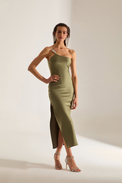 Isabella One Shoulder Stone Detail Olive Night Dress