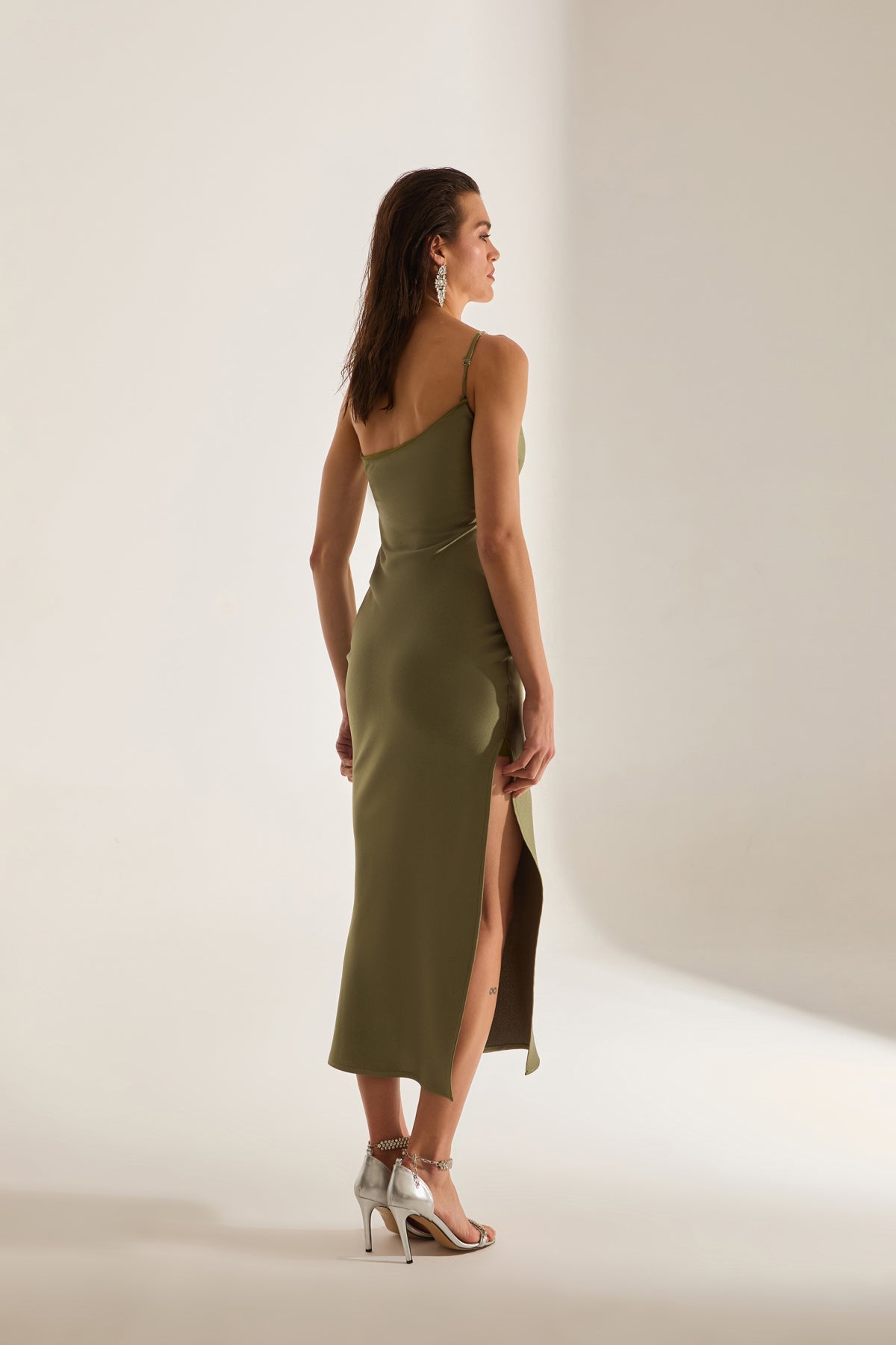 Isabella One Shoulder Stone Detail Olive Night Dress