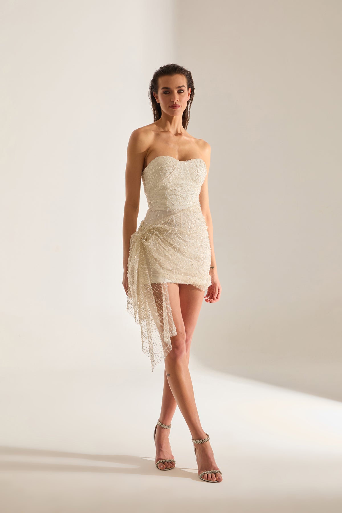 Galliano Stone-Embellished White Mini Evening Dress
