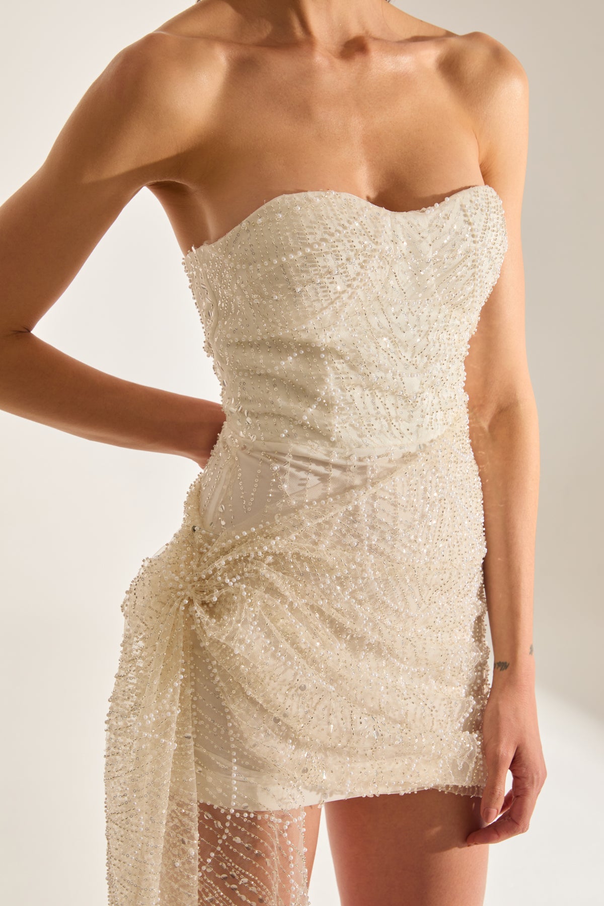Galliano Stone-Embellished White Mini Evening Dress