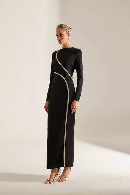 Robe de soirée noire à manches longues avec bord en pierre de Candice