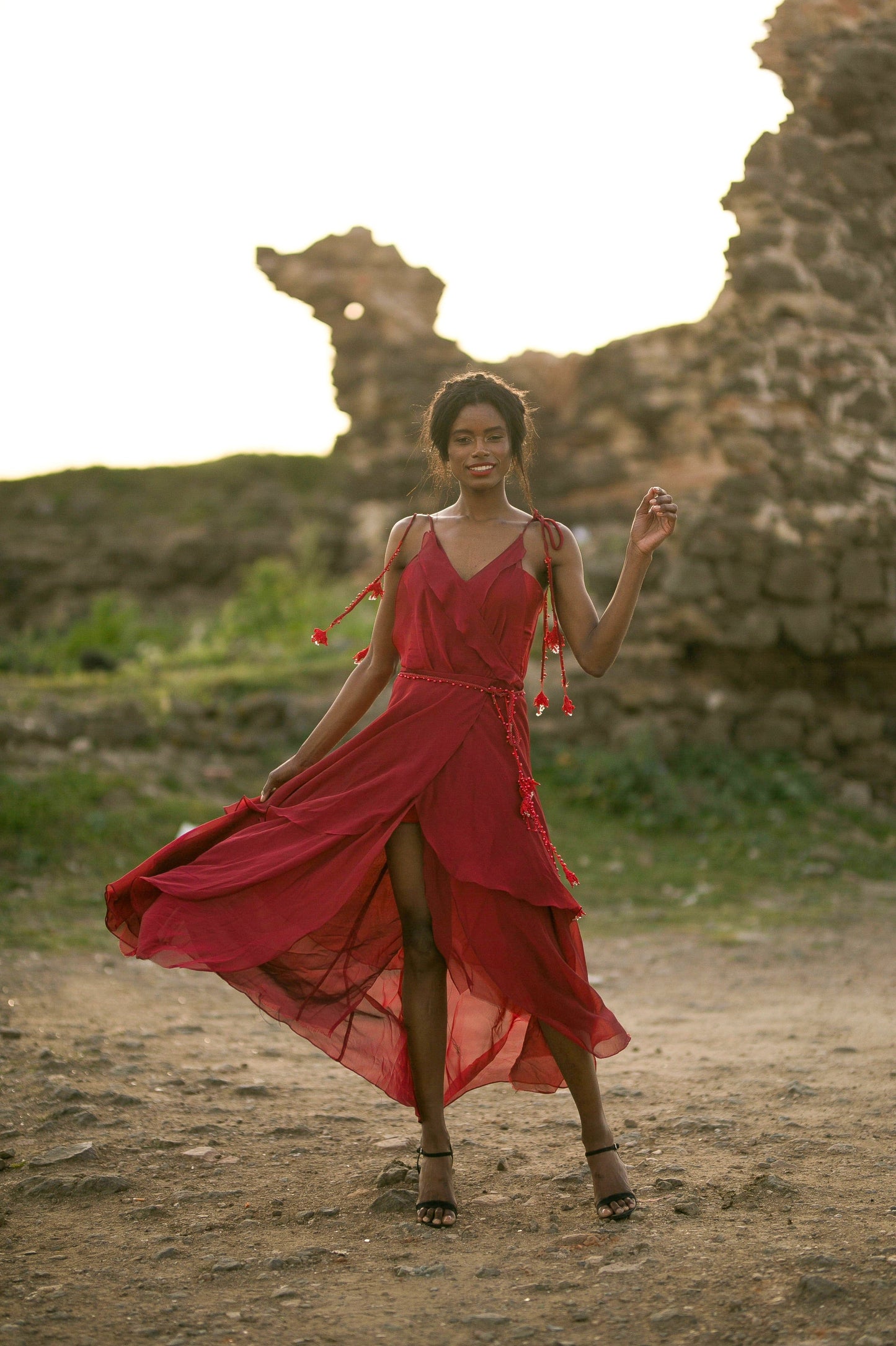 Crothet Detailed Ruffled Long Red Dress