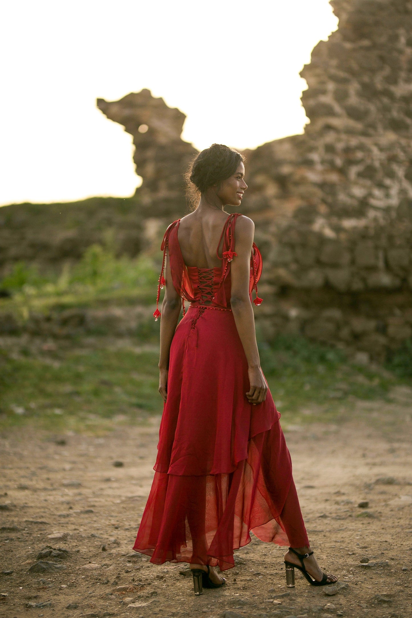 Crothet Detailed Ruffled Long Red Dress