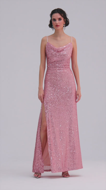 Hängender Degaje-Ausschnitt mit Schlitz Pailletten Gold Abendkleid
