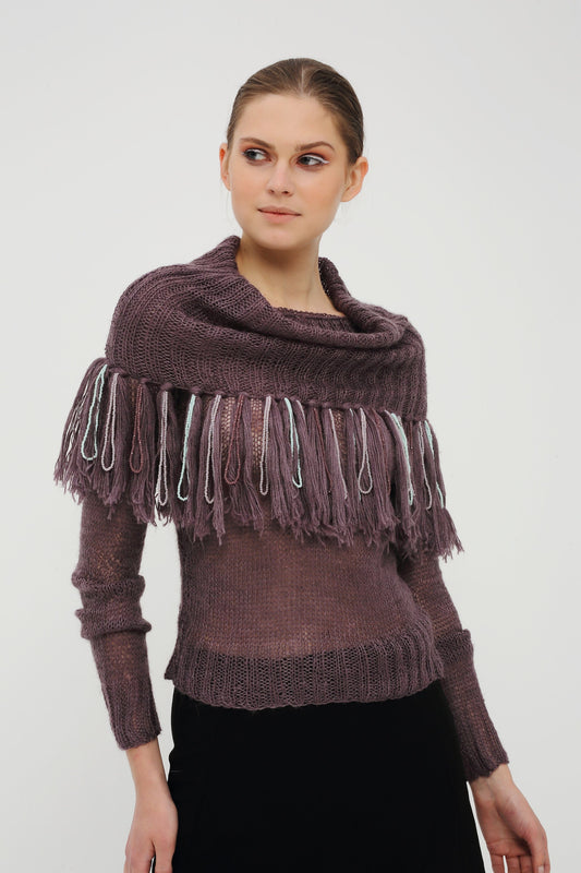 Fringed Neck Crochet Sweater