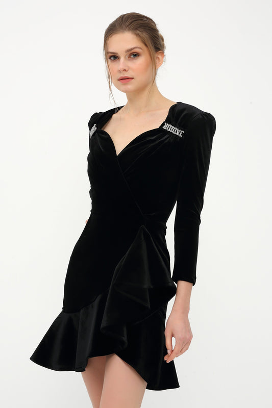 Asymmetrisches Volant Samt Schwarz Kleid