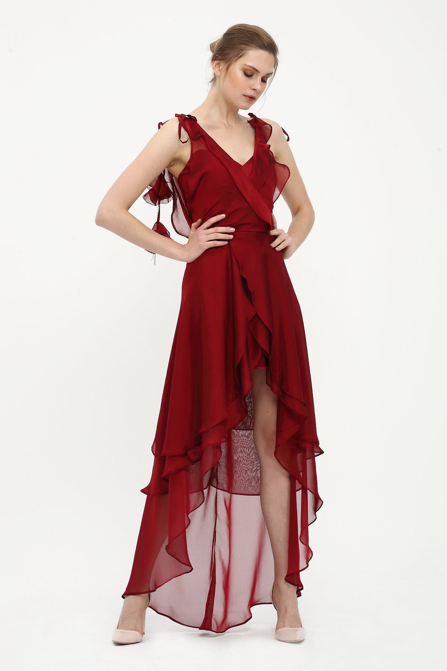 Rotes Chiffon Abendkleid mit Volants