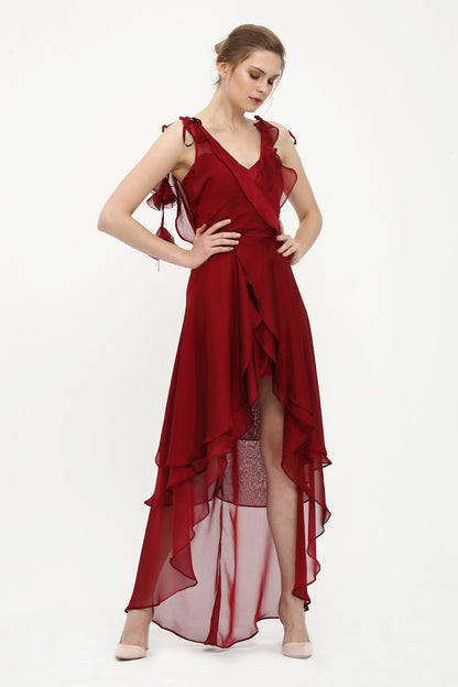 Rotes Chiffon Abendkleid mit Volants