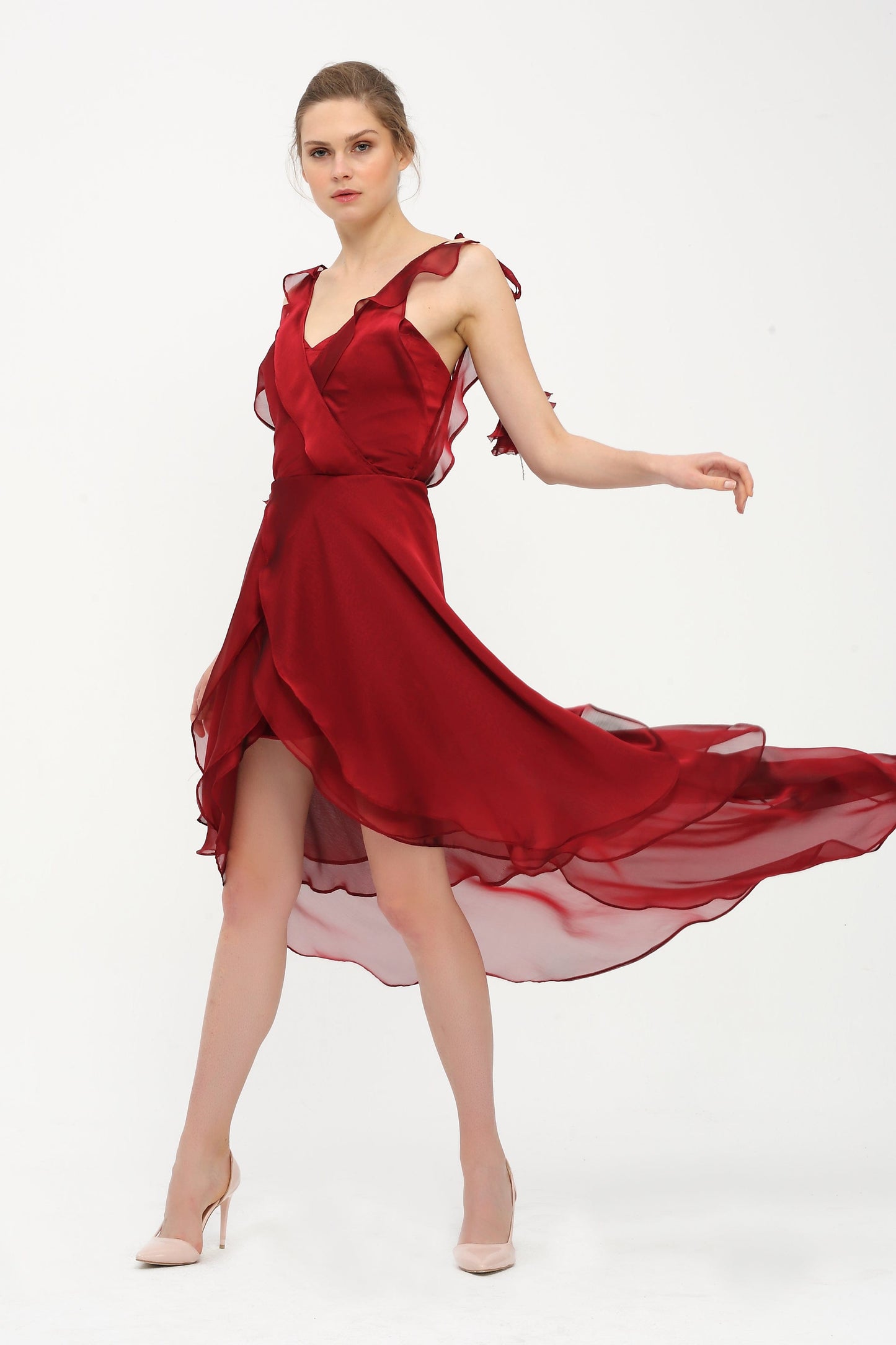 Rotes Chiffon Abendkleid mit Volants