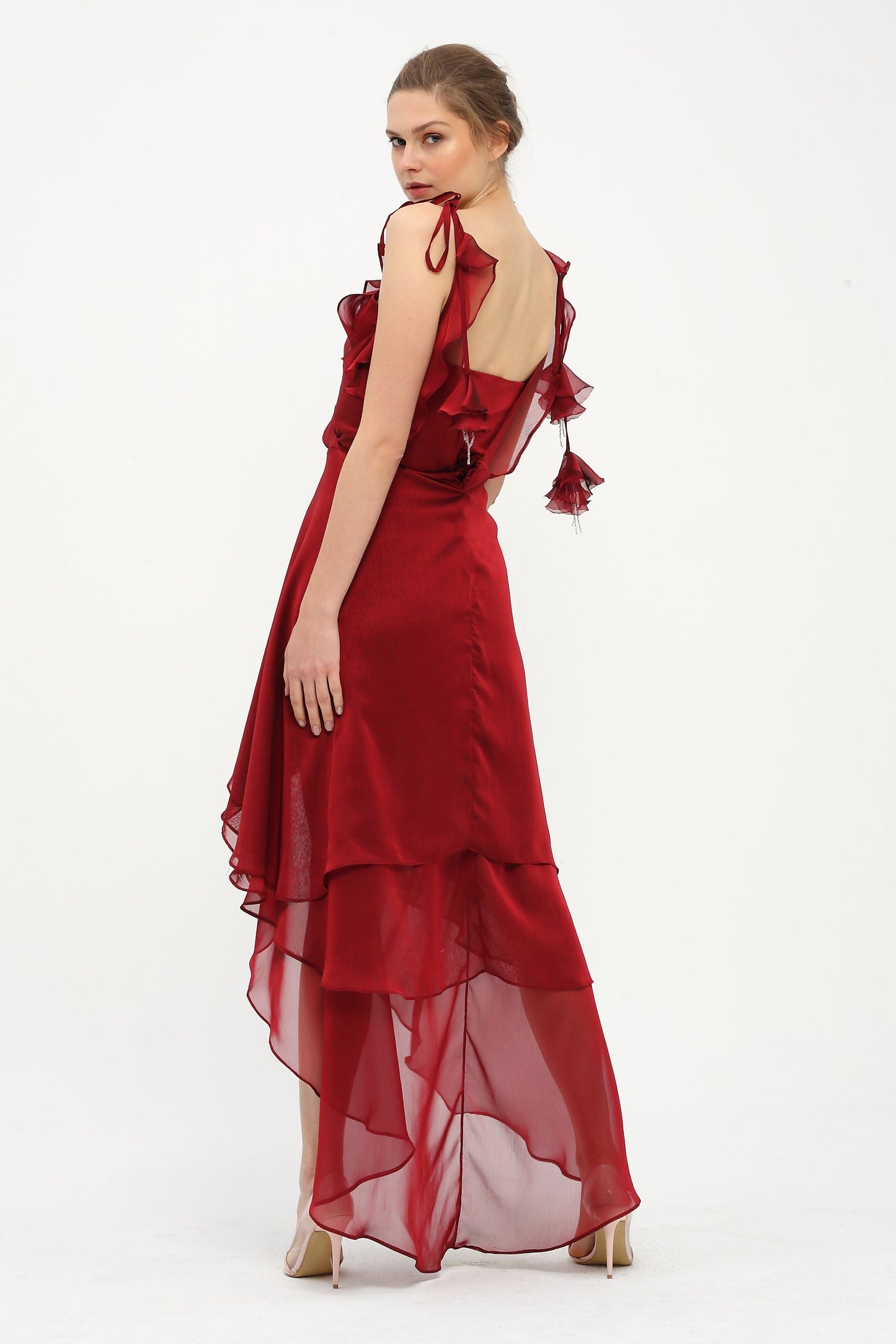 Rotes Chiffon Abendkleid mit Volants