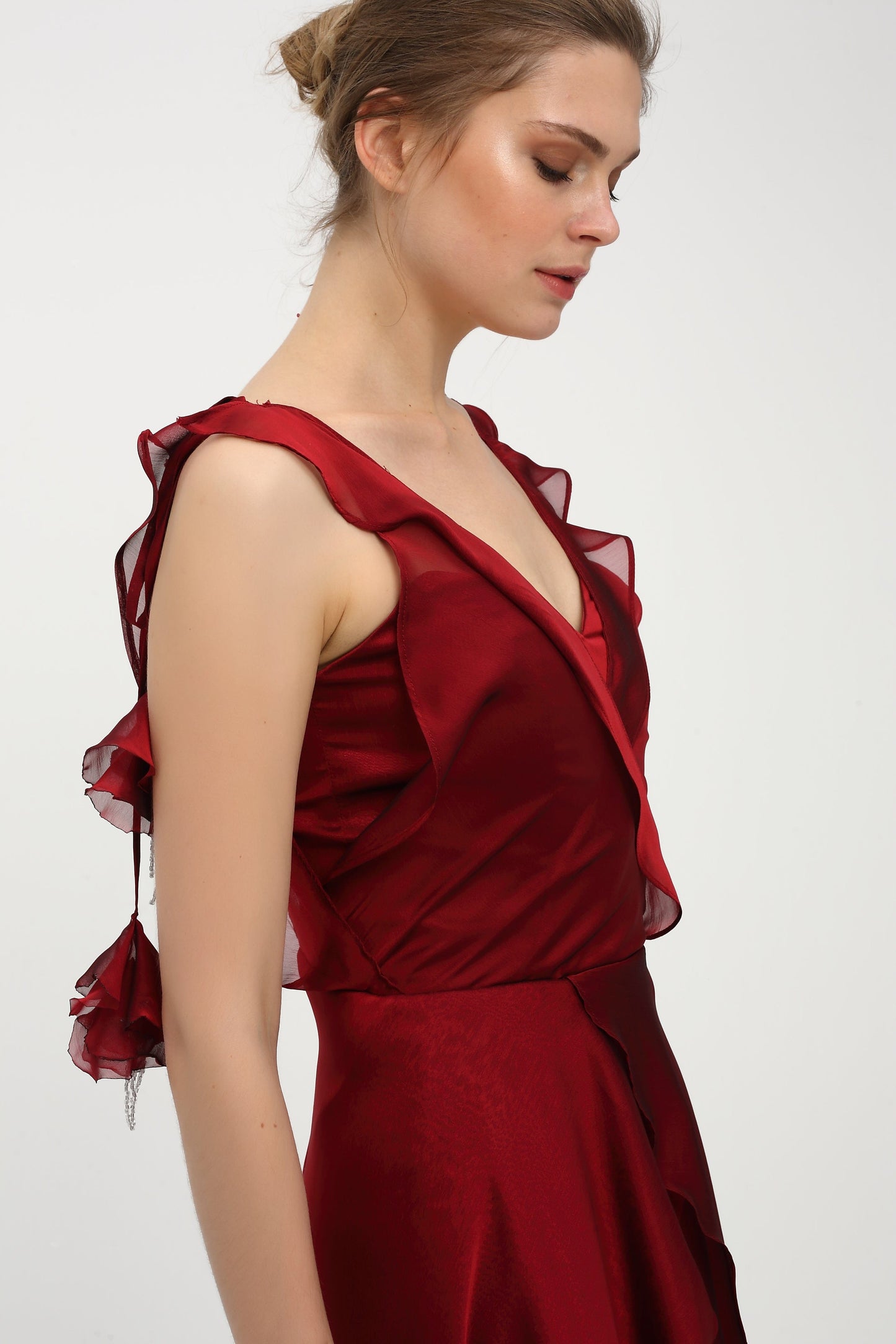 Rotes Chiffon Abendkleid mit Volants
