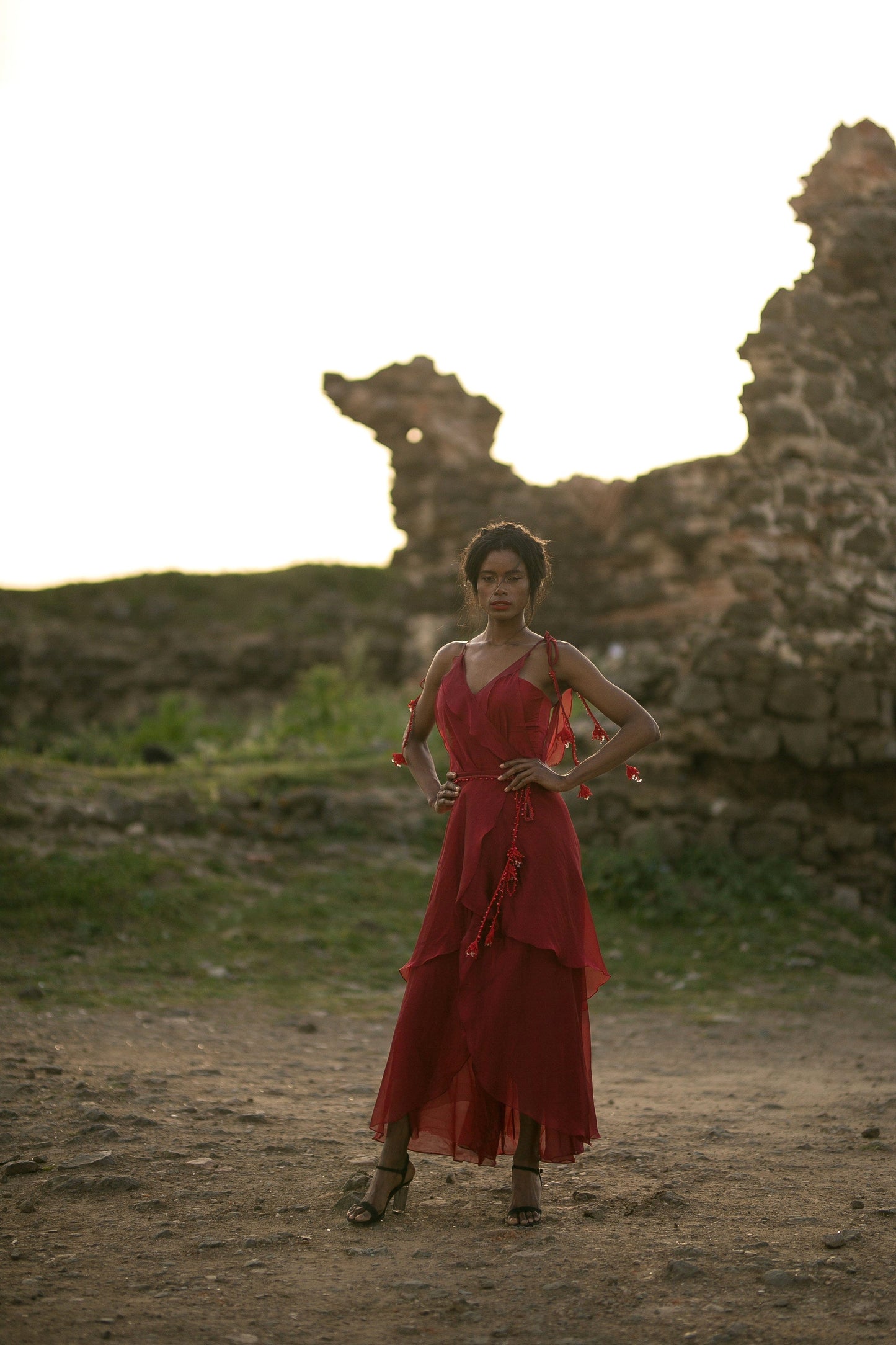 Crothet Detailed Ruffled Long Red Dress