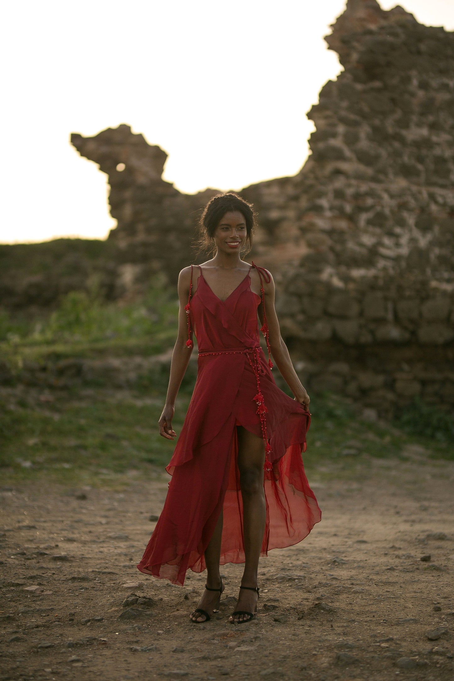 Crothet Detailed Ruffled Long Red Dress