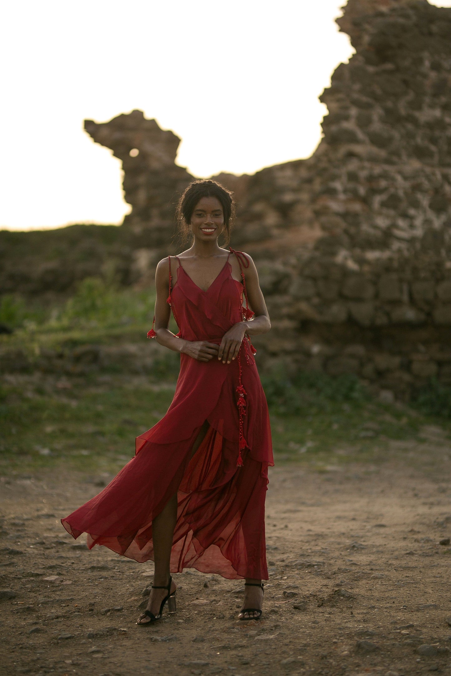 Crothet Detailed Ruffled Long Red Dress