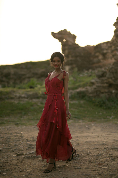 Crothet Detailed Ruffled Long Red Dress