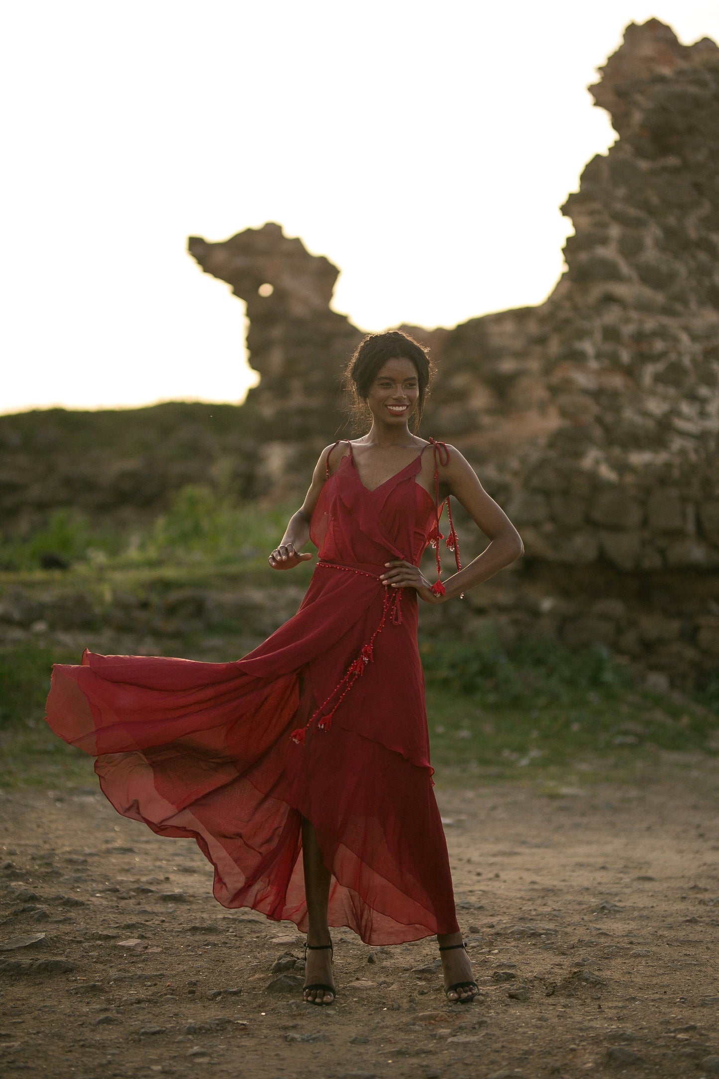 Crothet Detailed Ruffled Long Red Dress