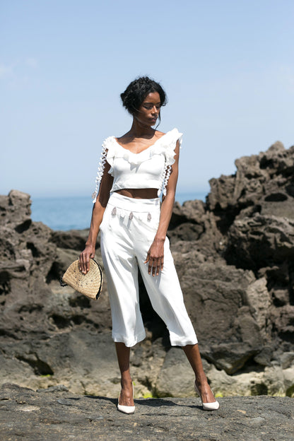 Crothet Detailed Ruffled White Top