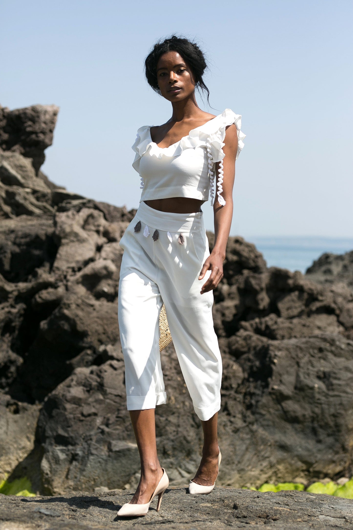 Crothet Detailed Ruffled White Top