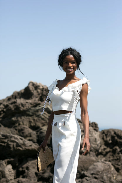 Crothet Detailed Ruffled White Top