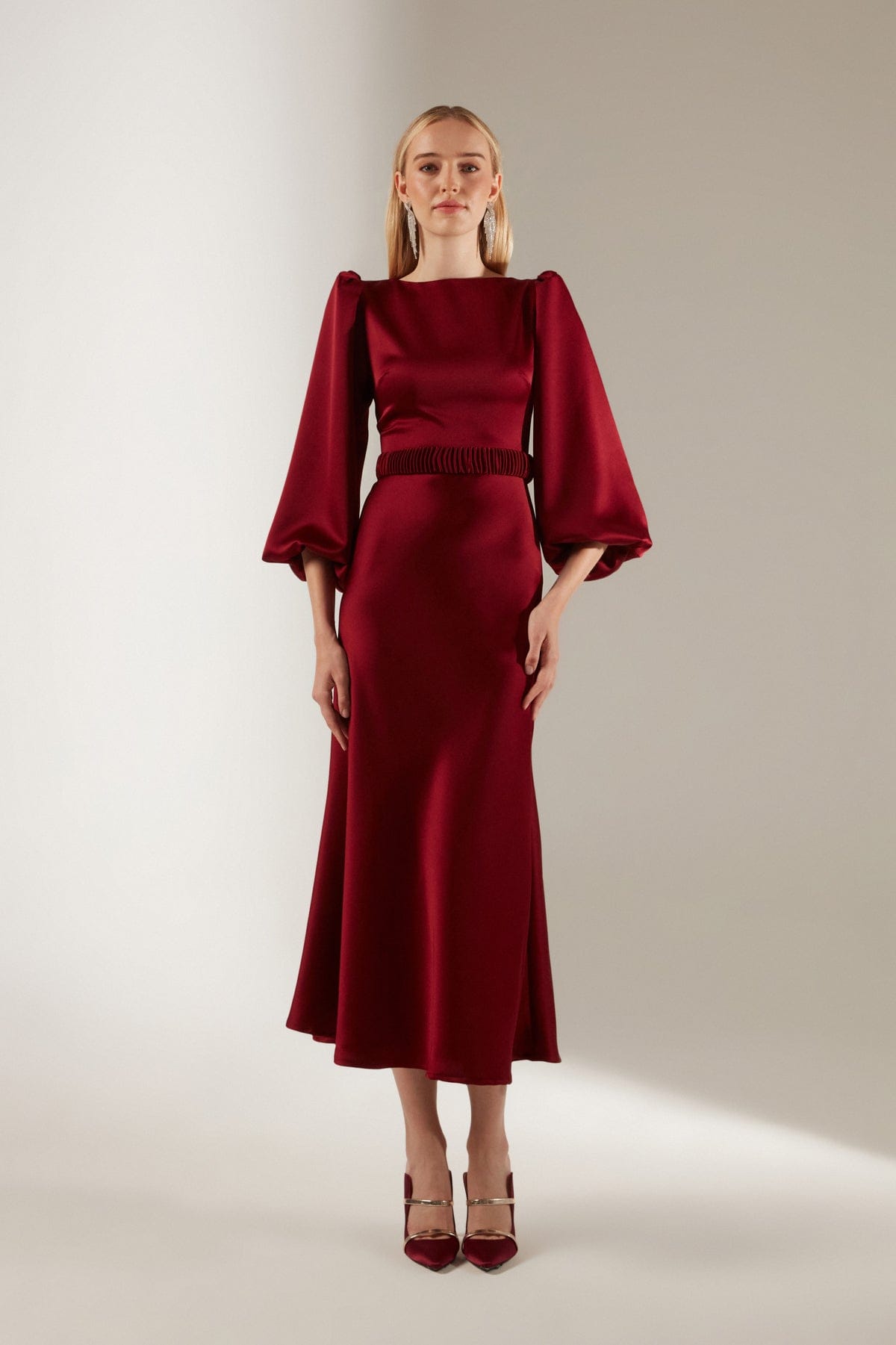 Dark Red Engagement Dress with Long Balloon Sleeves