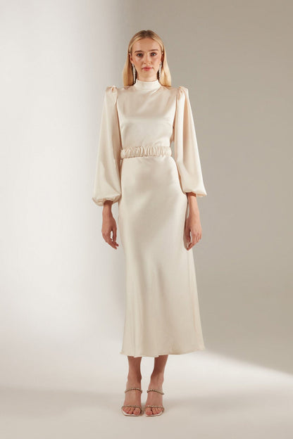 Mabel Ecru Long Balloon Sleeve Midi Length Dress