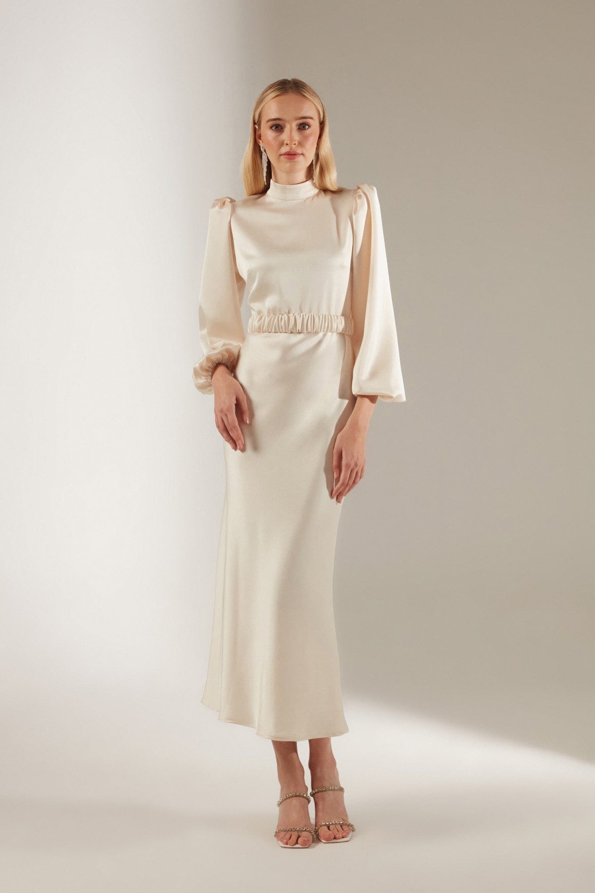 Mabel Ecru Long Balloon Sleeve Midi Length Dress