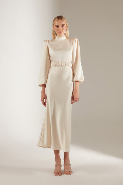 Mabel Ecru Long Balloon Sleeve Midi Length Dress