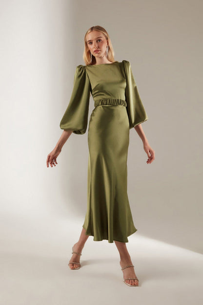 Haki Lange Ballonärmel Midi Kleid