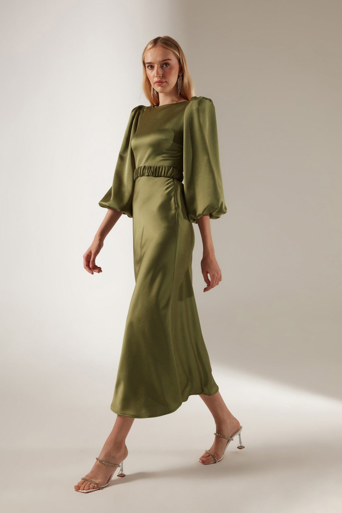 Haki Lange Ballonärmel Midi Kleid