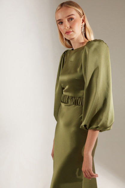 Haki Lange Ballonärmel Midi Kleid